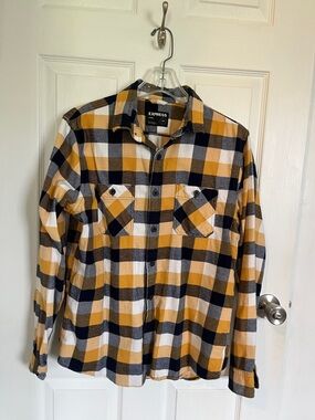 Express Men’s Mustard Navy White Plaid Flannel Button-Down Shirt